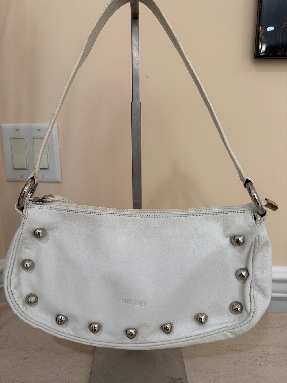 Puntotres White Studded Leather Shoulder Bag